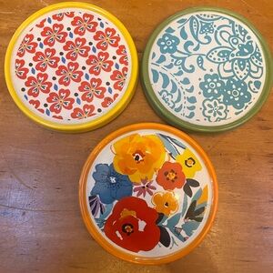 Set of 3 Floral Ceramic Coasters | Cork Back | Colorful Boho Decor